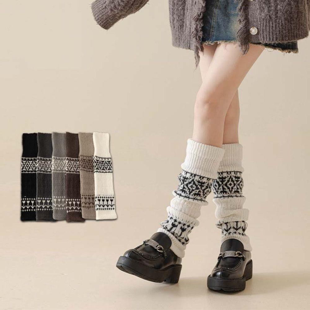 Thicken Maillard Leg Warmer Patchwork Knitted Leg Covers Retro Lattice Stockings Fall Winter