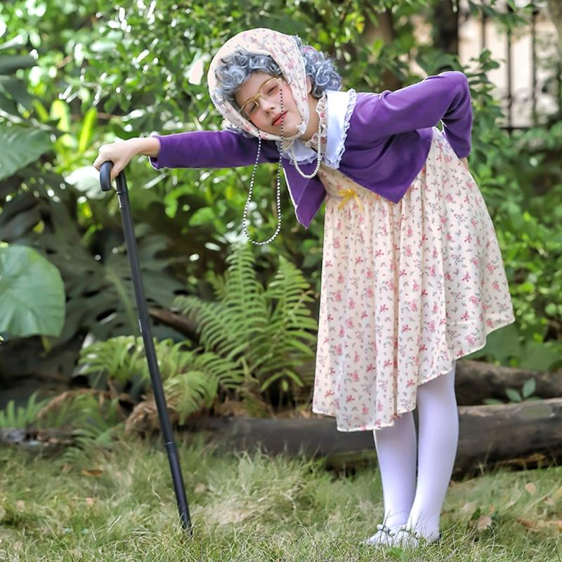 100 Day of School Cosplay Costume Set Kids Old Lady Costume Accessories Faux Pearls Necklace Glasses Crutch Floral Dress