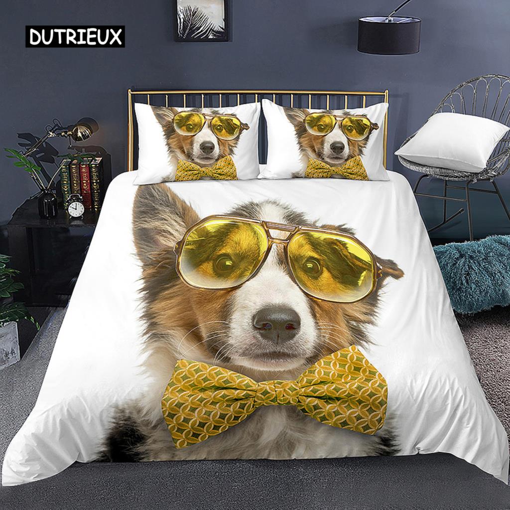 3D Dog King Queen Full Twin Duvet Cover Funny Puppy Bedding Set Teens Adult Kawaii Pet Animal White 2/3pcs Polyester Quilt Cover