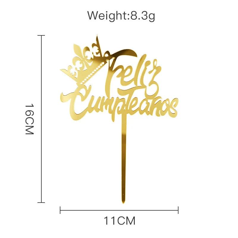 Acylic Feliz Cumpleanos Espanol Spanish Happy Birthday Cake Topper Gold Crown Design Cupcake Baking Supplies Party Decoration