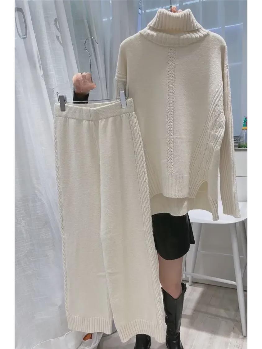 

2023 Осень/Зима Европейский трикотажный свитер с высоким воротом и широкие брюки Модный женский костюм из двух частей One Size