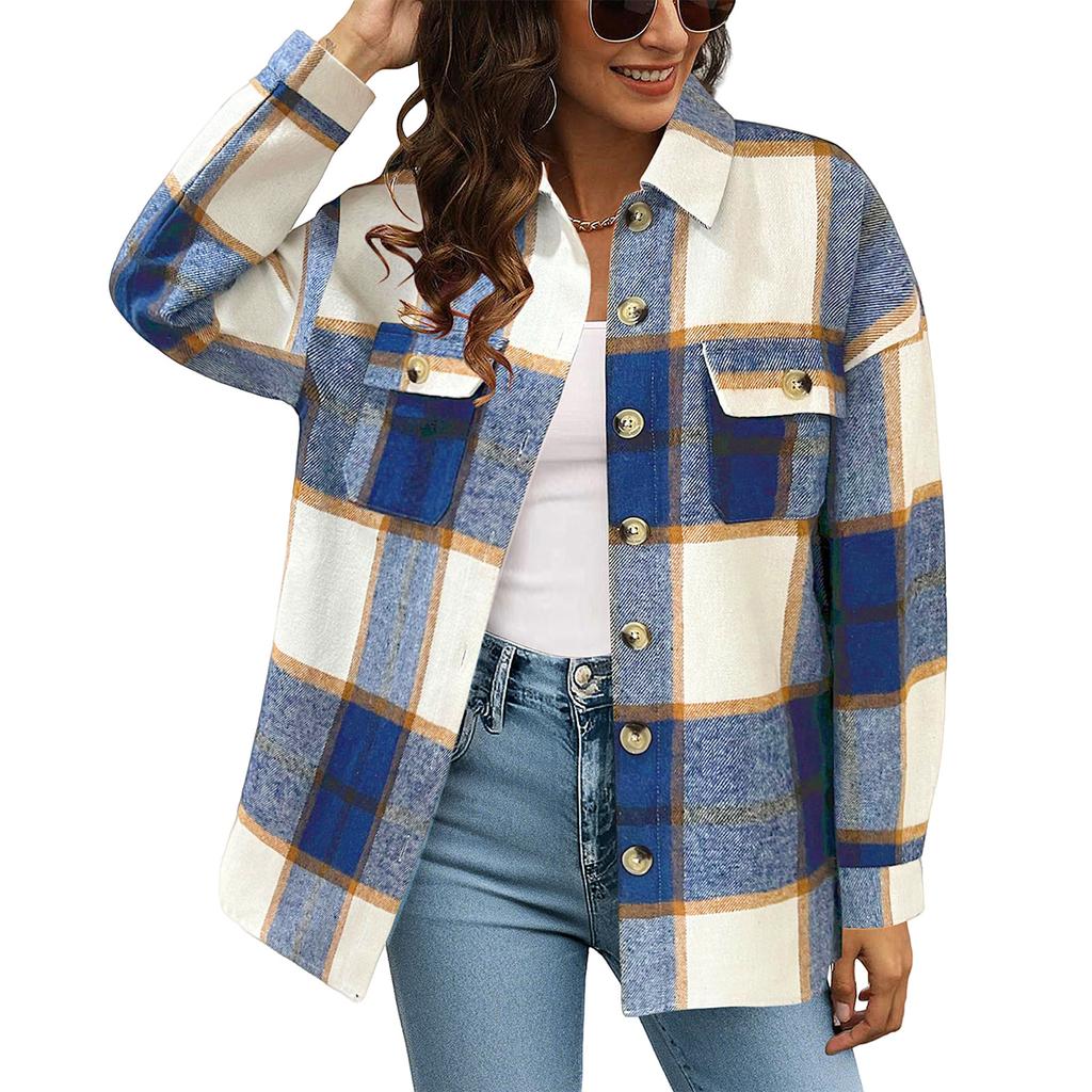 Women's Checkered Button Long Sleeved Loose Casual Shirt Jacket