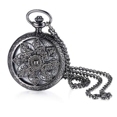 JEWELRYWE Pocket Watch Sasanqua Numbers Analog Waterproof Skeleton Case Antique Pocket Watch Pendant Necklace Clock Black Everyday Use Cosplay