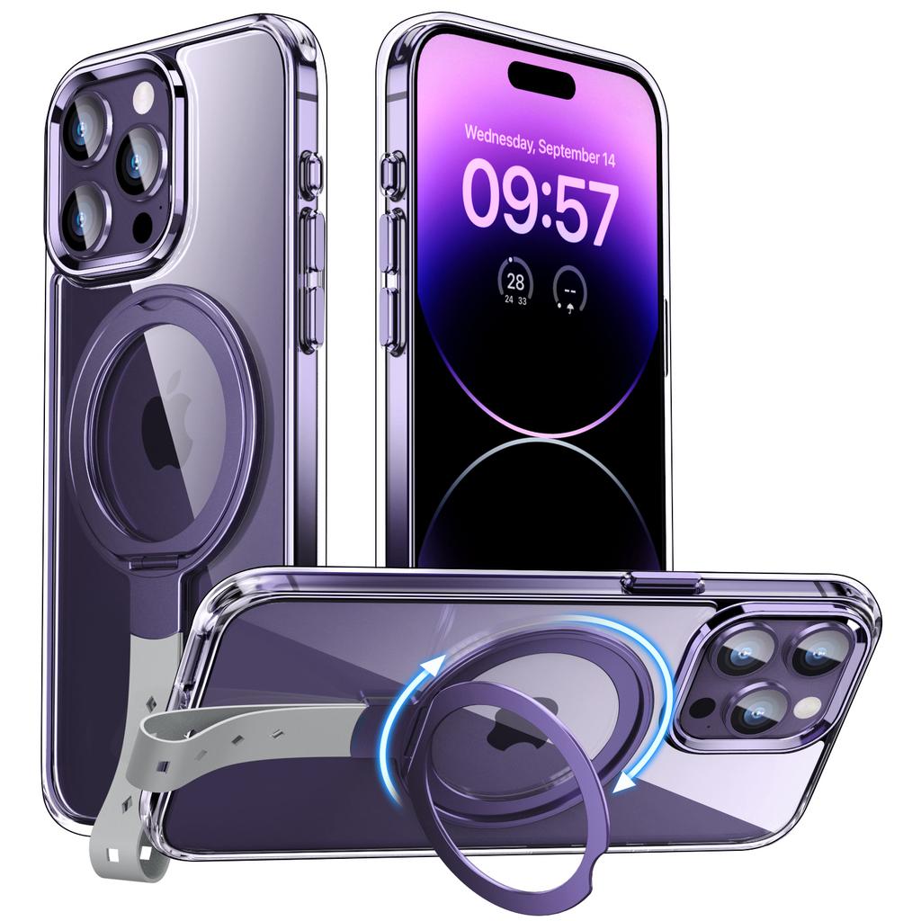 Für iPhone 14 Pro Max Magnetische Hülle Transparentes PC Hart Handyhülle Drehbarer Griffhalter