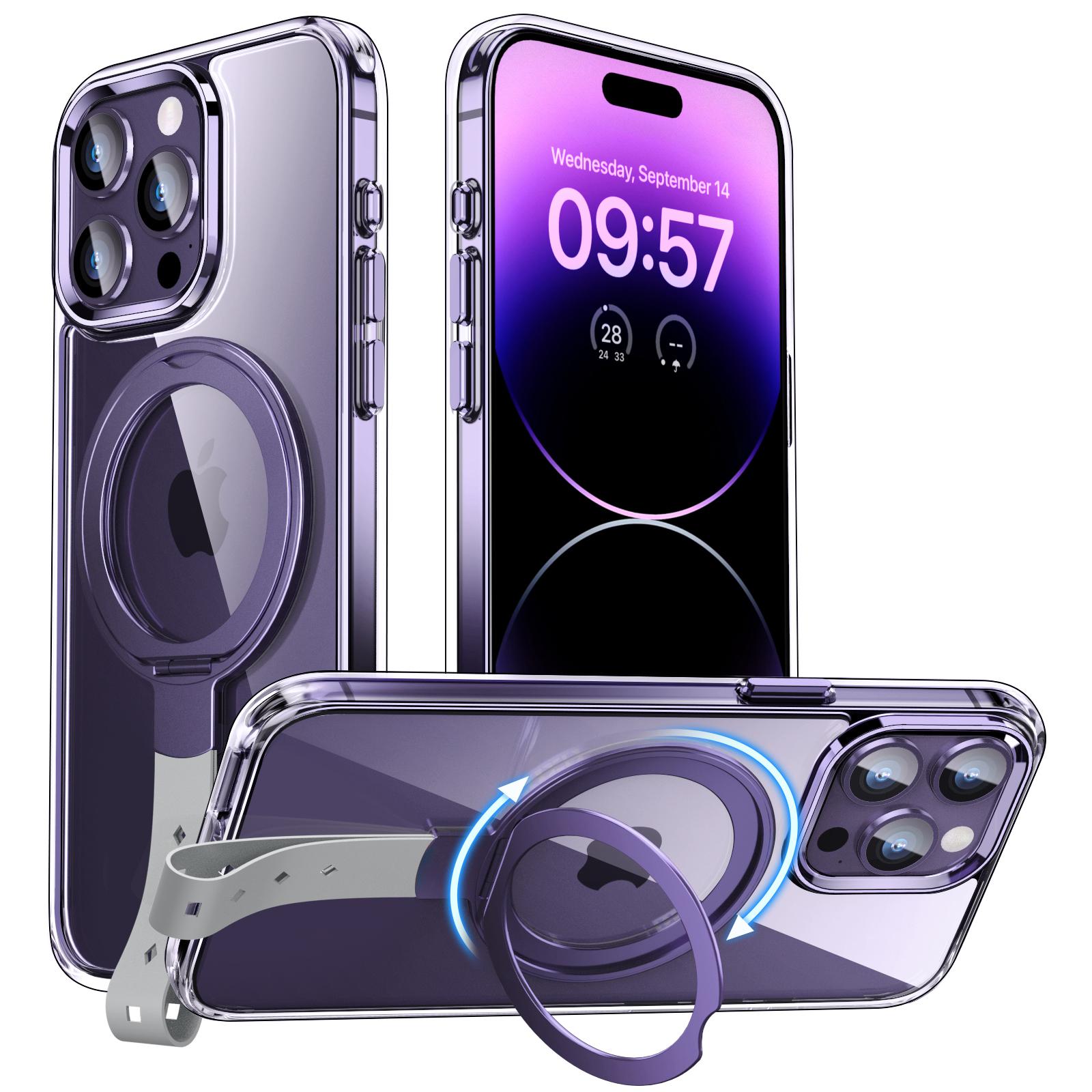 

For iPhone 14 Pro Max Magnetic Case Clear PC Hard Phone Cover Rotatable Grip Holder Purple/Grey Rope