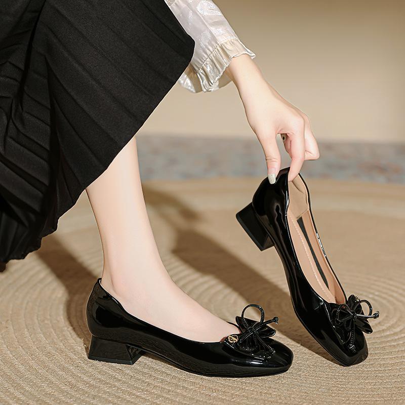 Customized~ Low-heeled single shoes women's 2025 new women's shoes red wedding shoes bow French square head thick-heeled high heels