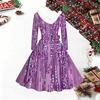 Women Geometric Pattern Print Midi Dress, Long Sleeve V‑Neck Furry Trim A‑Line Party Dress, Christmas Limited Edition