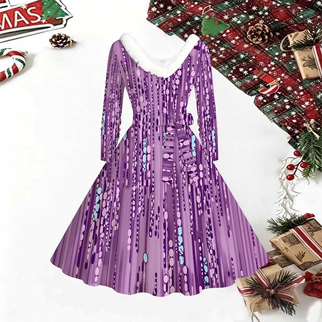 Women Geometric Pattern Print Midi Dress, Long Sleeve V‑Neck Furry Trim A‑Line Party Dress, Christmas Limited Edition