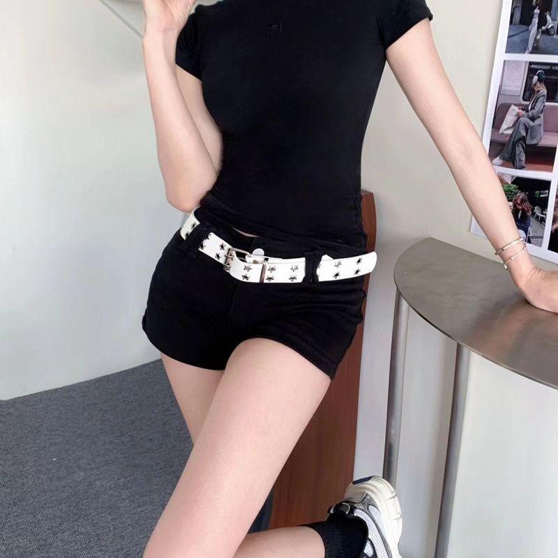 Stylish Women's Belt Korean Ins Dark Style Double Buckle Metal Chain Decor 2023