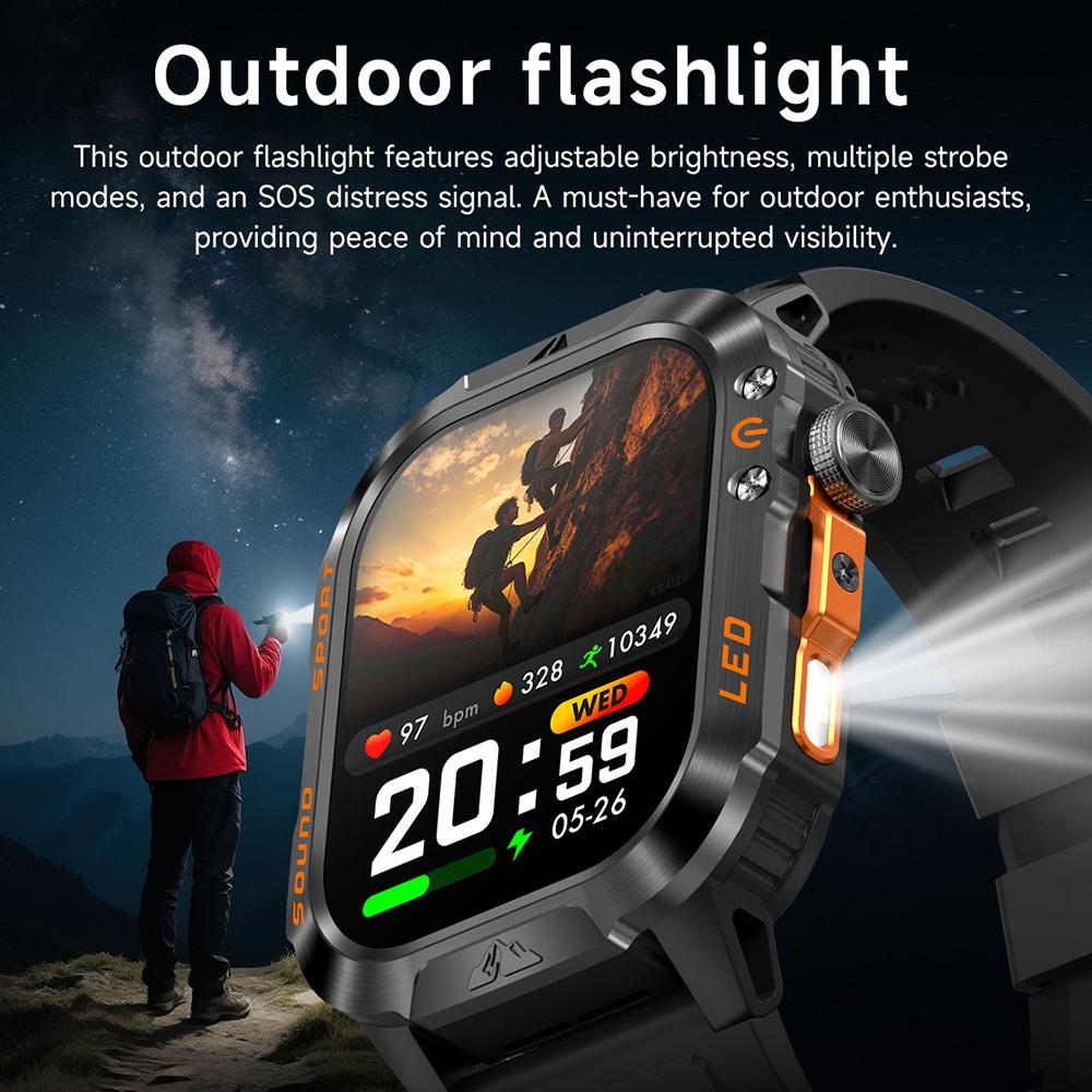 1200mAh Military Outdoor Smartwatch Men LED Flashlight Waterproof GPS Track Sports Watch 2.01-inch BT Call Smart Watch HT30