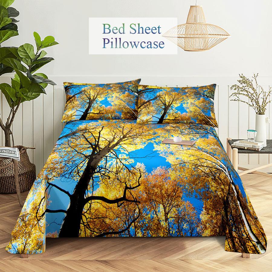 Scene Bed Sheet and Pillowcase Set Bedding Linens Cover Queen King Double Size 220x240 Trees for Bedroom Soft Twin Full Single