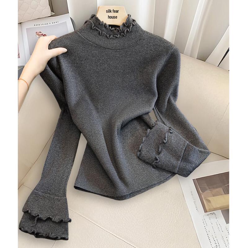 Women s Solid High-Neck Lace Trim Long-Sleeve Top One Size