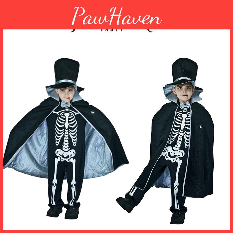 Kids Boy Skeleton Skull Ghost Cloak Halloween Cosplay Party Outfit Costume