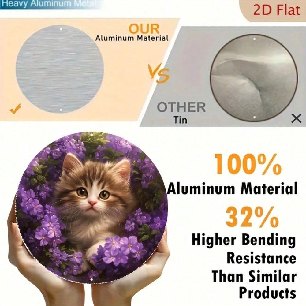 1pc Round Aluminum Metal Wall Sign Retro Kitten Purple Floral Waterproof Pet Lover Decor