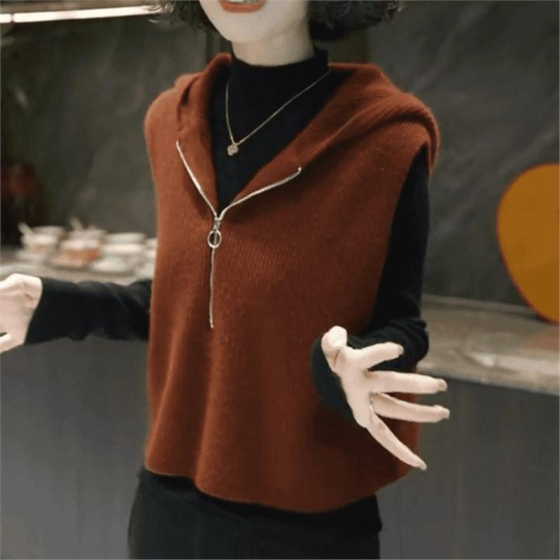 Women's Spring/Fall Hooded Knit Vest: Slimming, Comfortable, Solid-Color, Relaxed-Style, Half-Zip Top