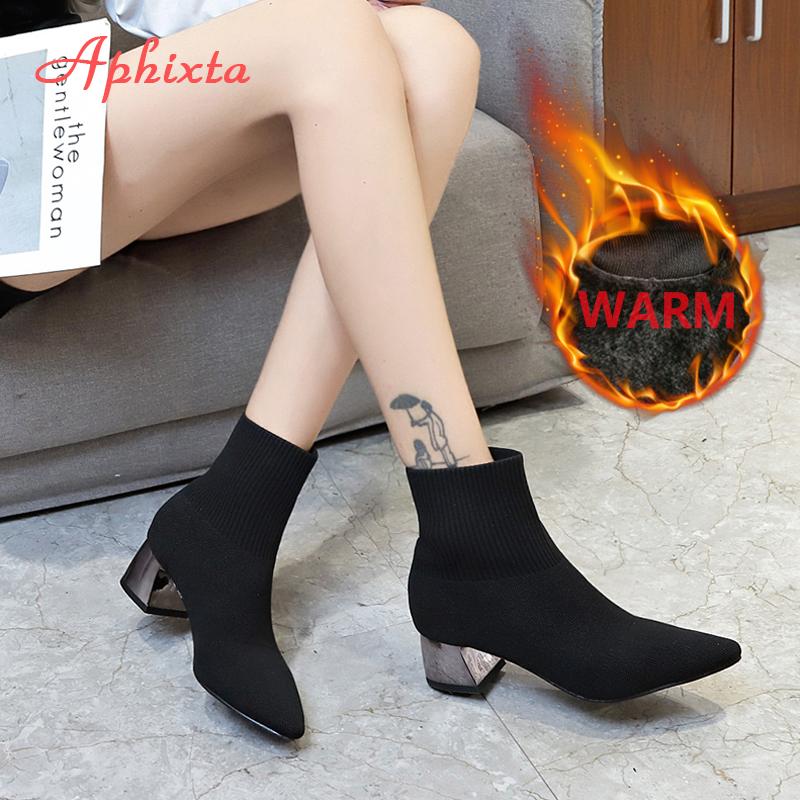 Fashion Aphixta 2025 New Fashion Ankle Boots Women Shoes Elastic Sock Boot Chunky High Heels Stretch Sexy Booties Pointed Toe Plus 41 43
