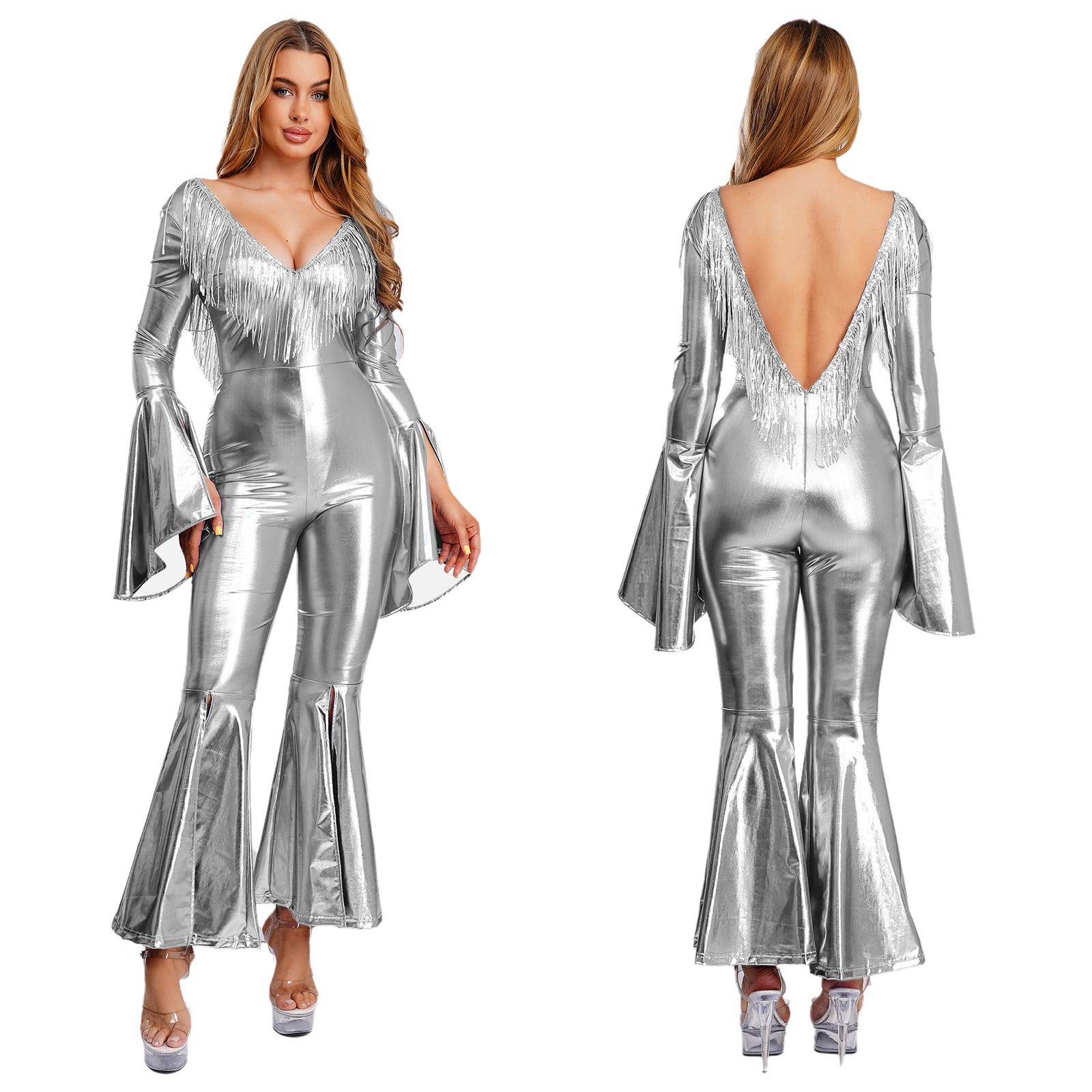 Women 70s Disco Club Dance Jumpsuit Halloween Carnival Hippie Cosplay Costume Sequin Tassel Backless Metallic Flare Bodysuit S