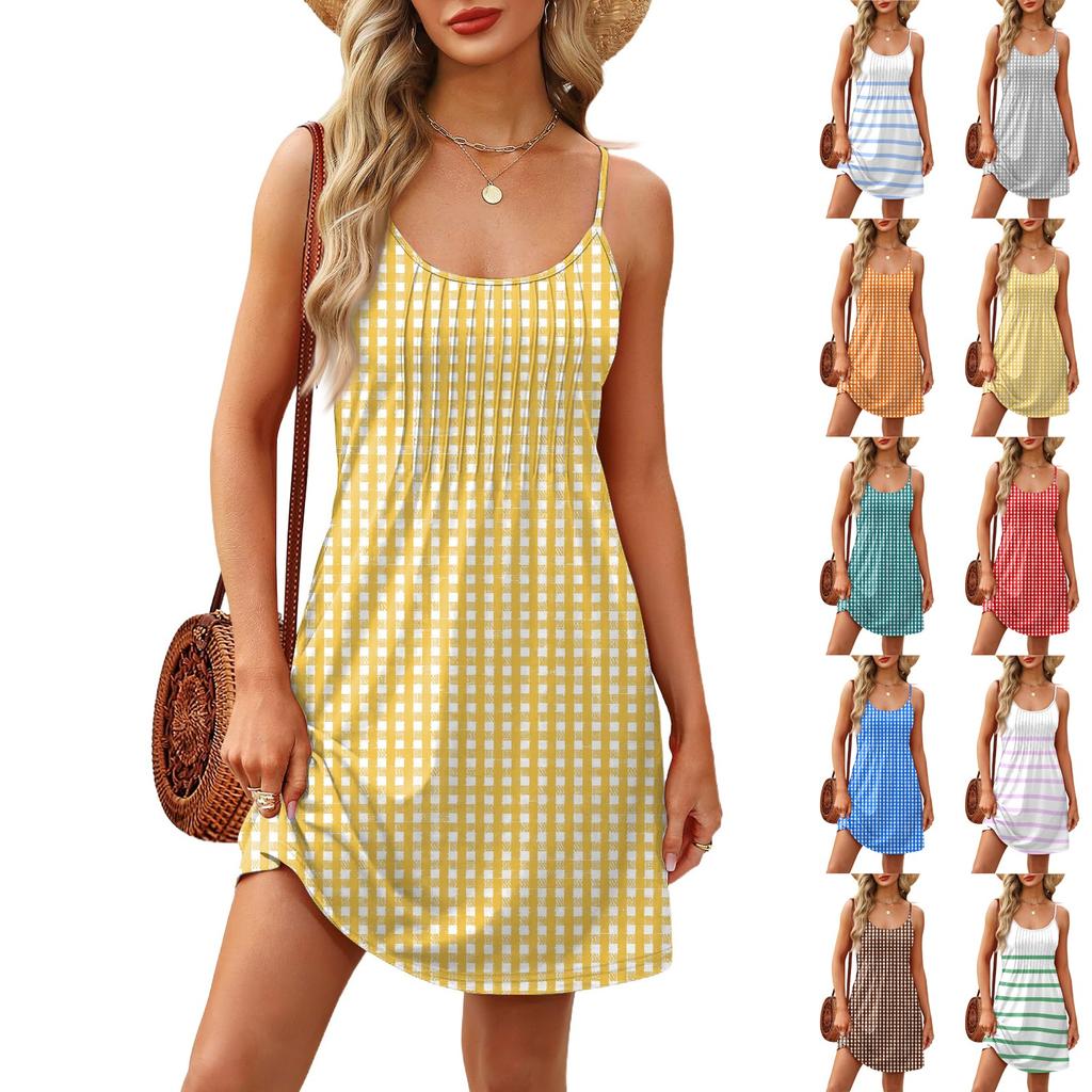 Fashion Women Summer Dress Striped Plaid Print Adjustable Spaghetti Straps Beach Vacation Casual Dress With Pockets