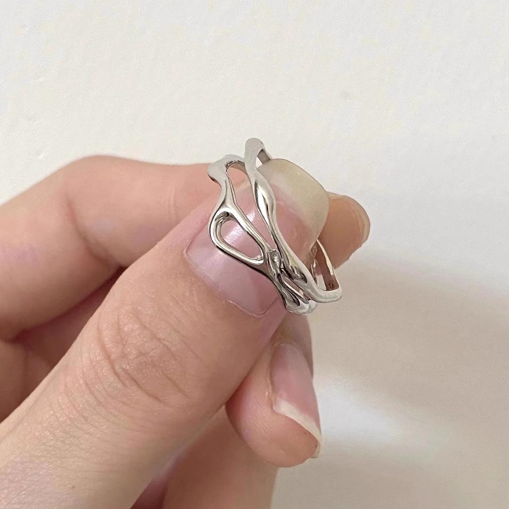Silver Color Irregular Hollow Double Line Geometric Ring Female Simple Unique Design Fashion Adjustable