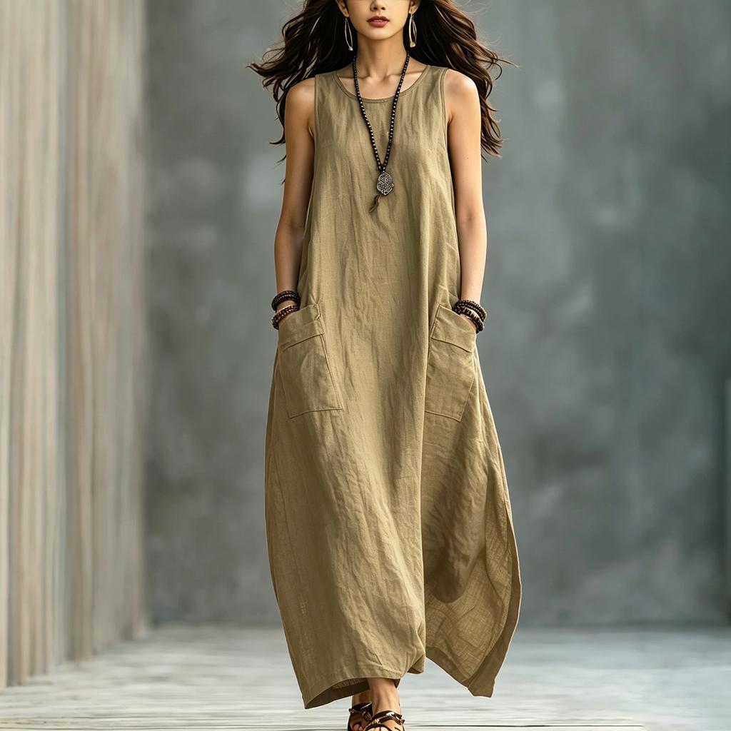 Women's Sleeveless Vintage Dress with Pockets, Loose Fit Color for Casual Daily Wear