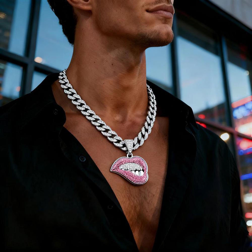 Men's Trendy Cuban Chain: Full Diamond Red Lip Pendant Necklace