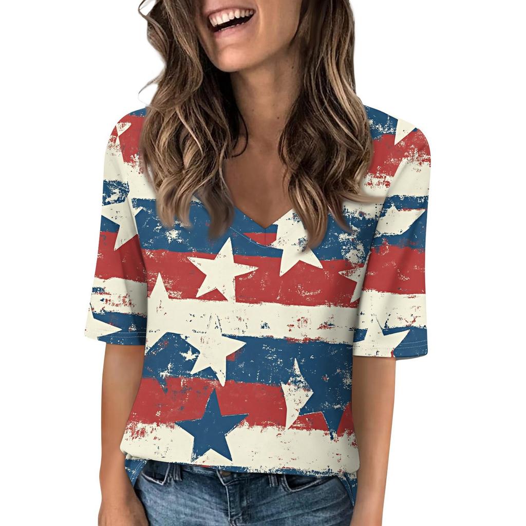 Women's V Neck T Shirts Half Sleeve Tops Printed Casual Summer Tees T Shirt Blouse