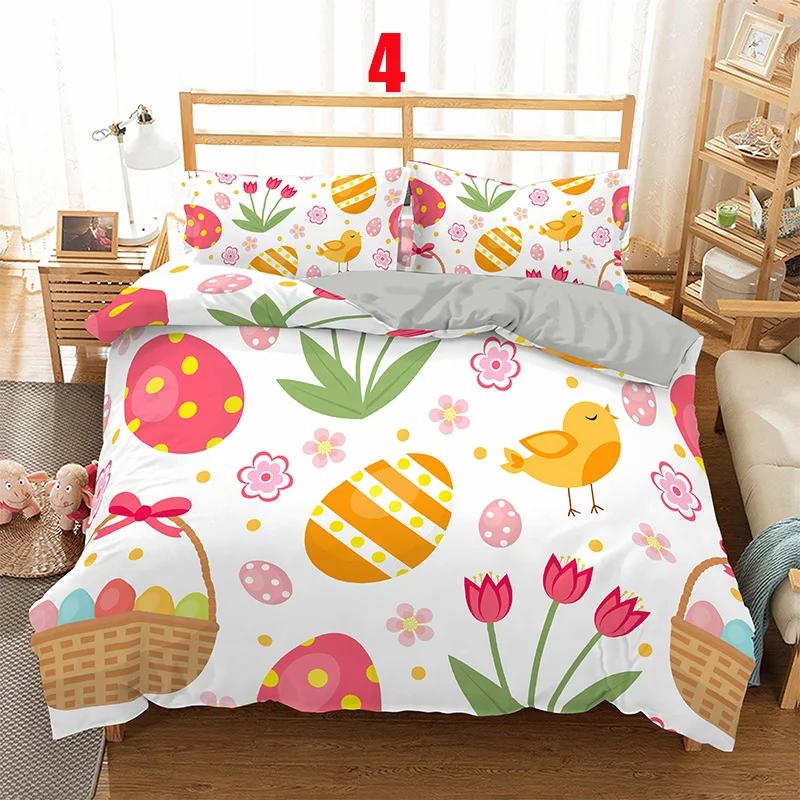 Juego de Ropa de Cama Suave con Huevos de Pascua Estampado 3D Dibujos Animados de Conejo Huevos Funda Nórdica Funda de Almohada de Poliéster Saludos y Regalos Para el Día de Pascua