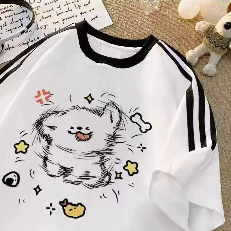 

Женская летняя хлопковая футболка реглан оверсайз с щенком, 2025 L белый