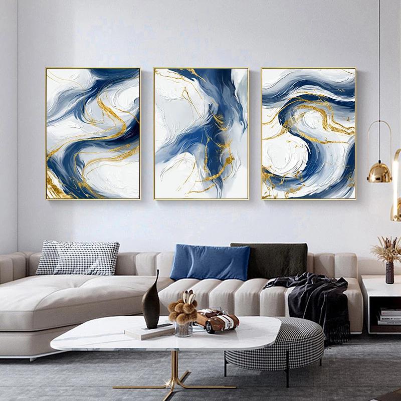 Luxury Style Blue Golden Abstract Simplicity Graphic Art Contemporary Canvas Painting Poster Print Wall Picture Home Decoration
