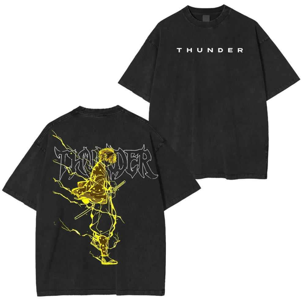 Anime Demon Slayer T-shirt Vintage Washed Cotton Printed T-shirt Street Style Short-sleeved Men Round-neck T-shirt