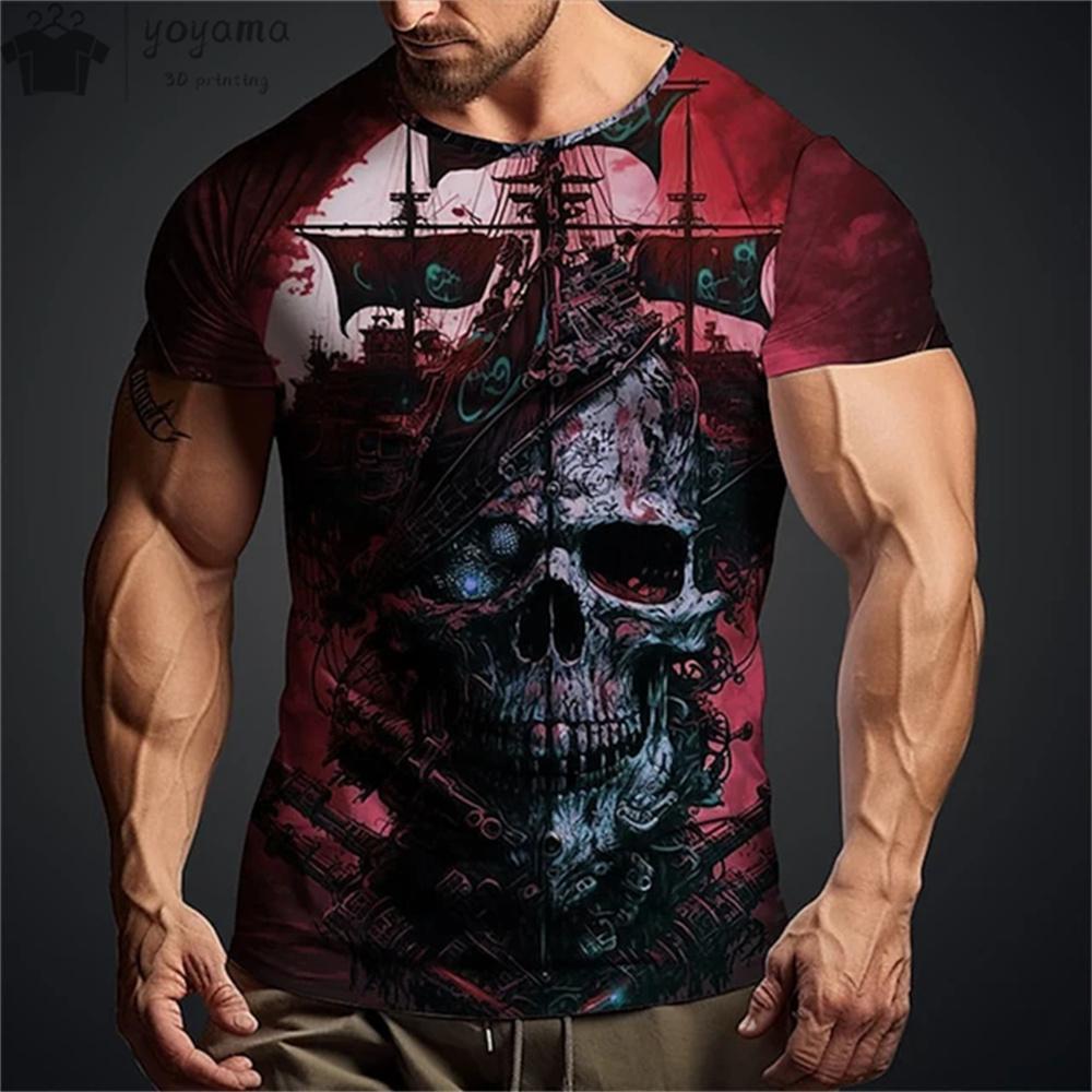 Summer Round Neck 3D Vintage Horror Skull Pattern Print Top Fashionable Casual Short Sleeved Men's T-shirts
