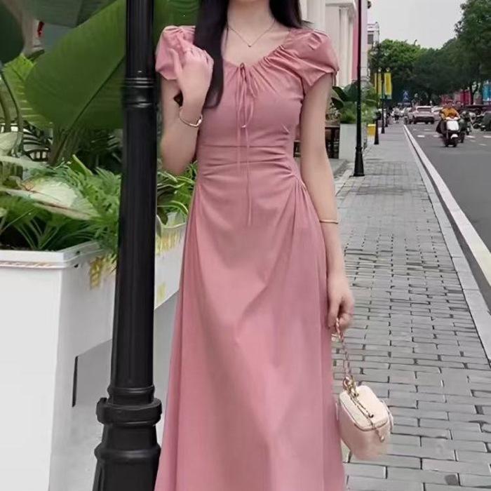 Large size women s clothing summer dopamine French first love skirt temperament lace-up waist design pleated dress long dress S розовый