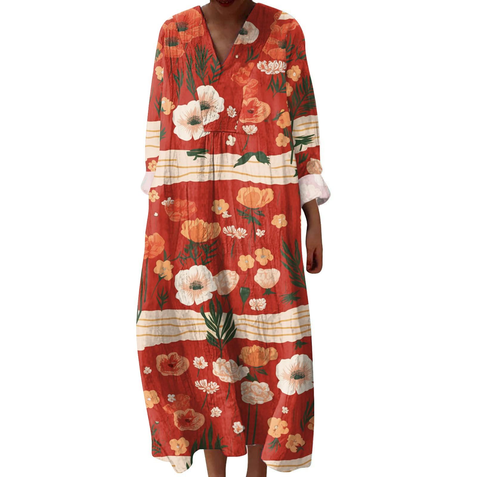 

Женское повседневное и модное платье с V-образным вырезом и цветочным принтом, с длинным рукавом M красный