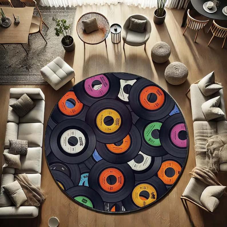 Gold Vinyl Record Round Rug, Retro Music Decor Carpet Computer Decor Cool Design Round Rug Washable and Non Slip Decoration
