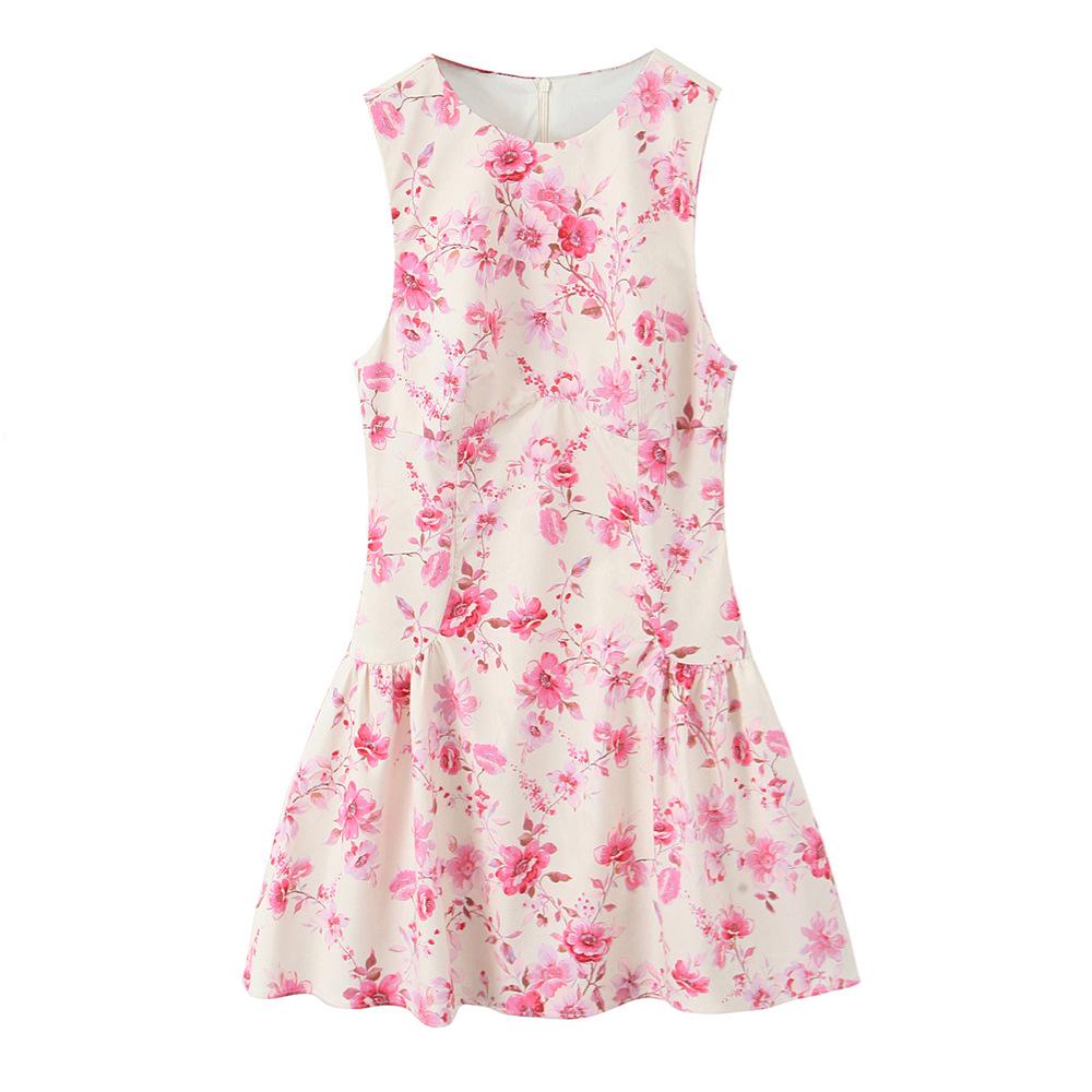 

2025 Spring Women s Slim Fit Round Neck Sleeveless Printed Dress XS розовый