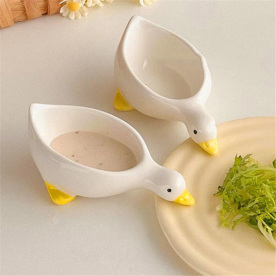 2pcs Ceramic Duck Seasoning Dish, Salad Dipping Dish, Cream Mini Bowl, Cute Cutlery