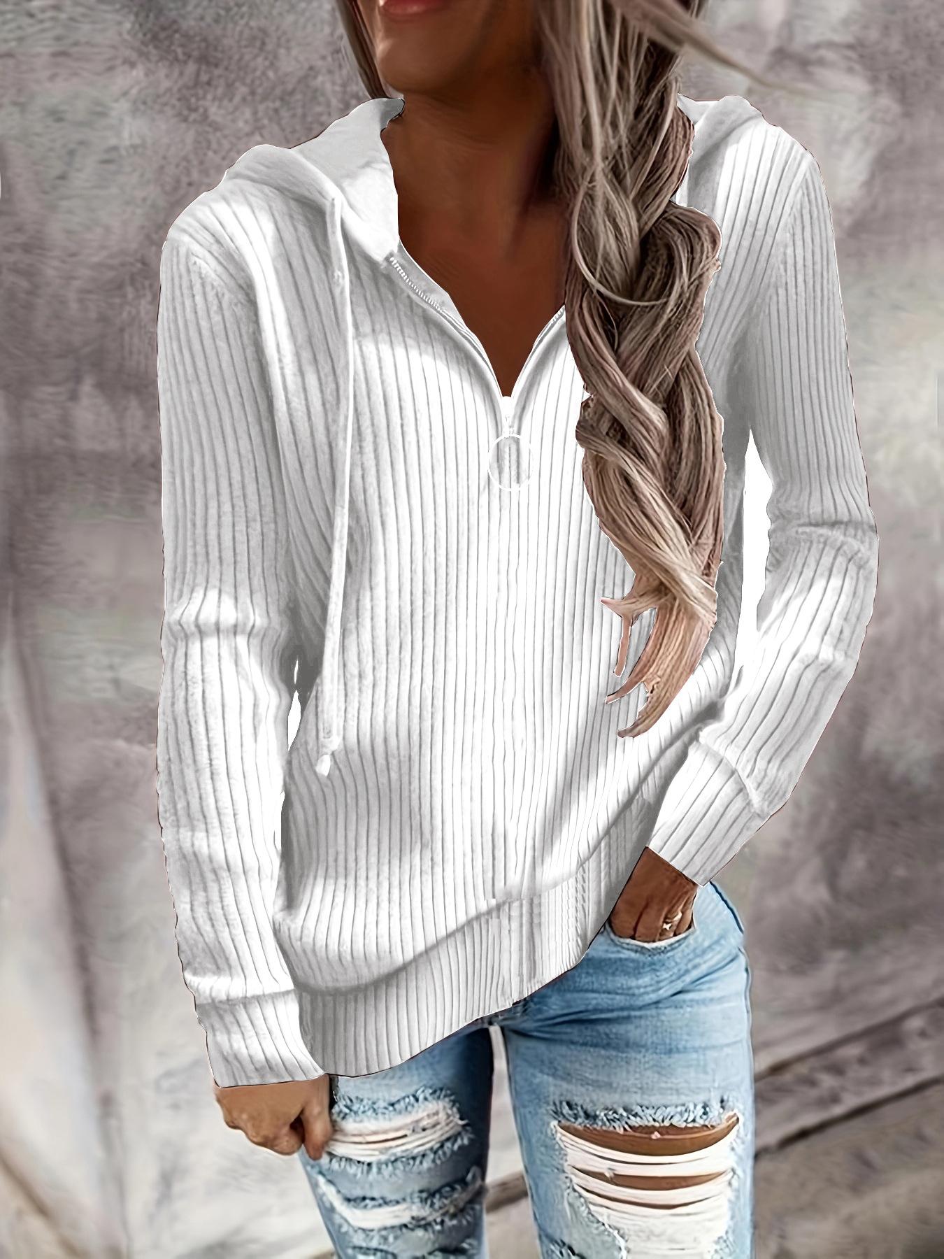 Women S Loose Solid Color Hooded Sweatshirt Long Sleeve Zip Pullover S белый