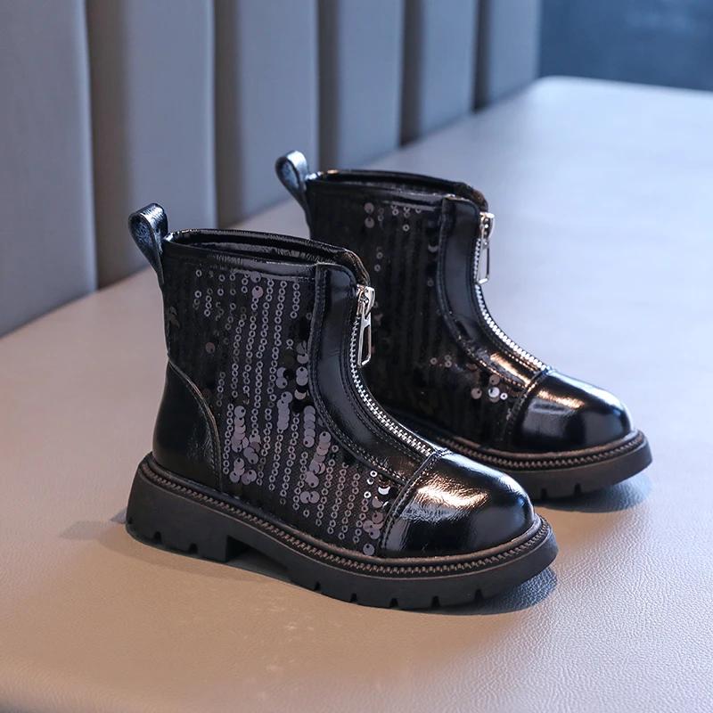 New Spring Autumn Girl's Ankle Boot Sequins Versatile Kids School Black Boots Fashion Causal Children Patchwork Leather Boots