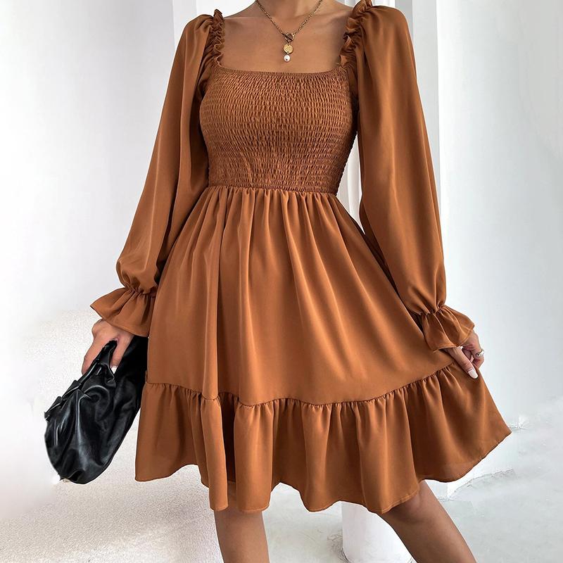 2025 French Minimalist Square-Neck Dress Long-Sleeve High-Waisted Bodycon Dress with Flounced Hem