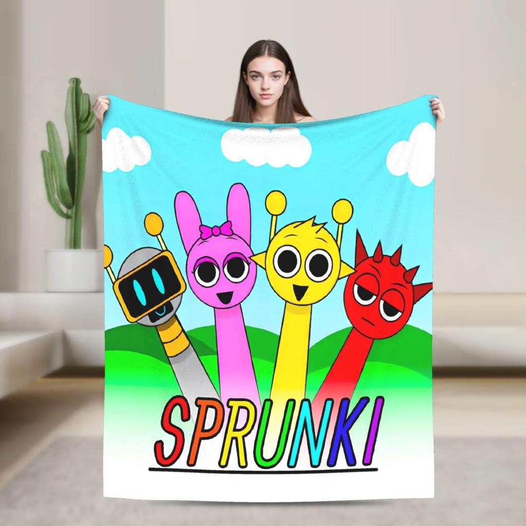 Sprunki Spiel-Flanelldecke, originelle Kuscheldecke für Zuhause, Hotel, Sofa, 125 x 100 cm, flauschig, dünn, Steppdecke