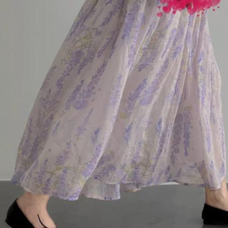Women's French Vintage Purple Floral Midi Skirt - High-Waist A-Line Silhouette for Summer Elegance & Slimming Fit