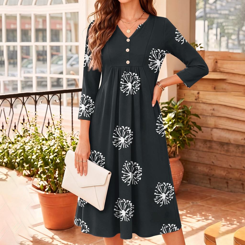 Women's Floral Print V-Neck Casual 3/4 Sleeve Dress