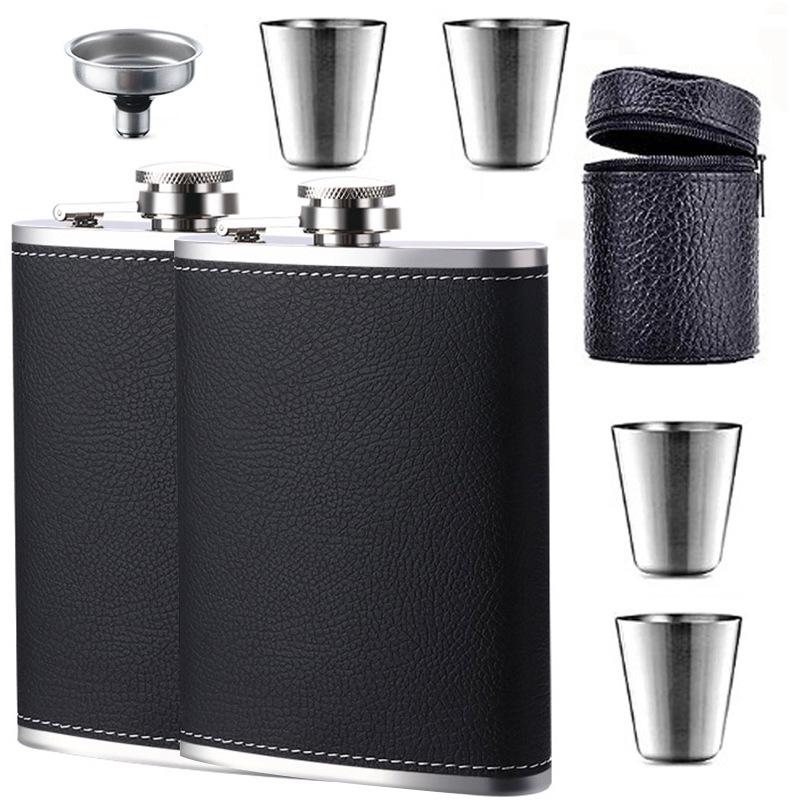 Portable Stainless Steel Leather-Covered Wine Flask for Outdoor Use