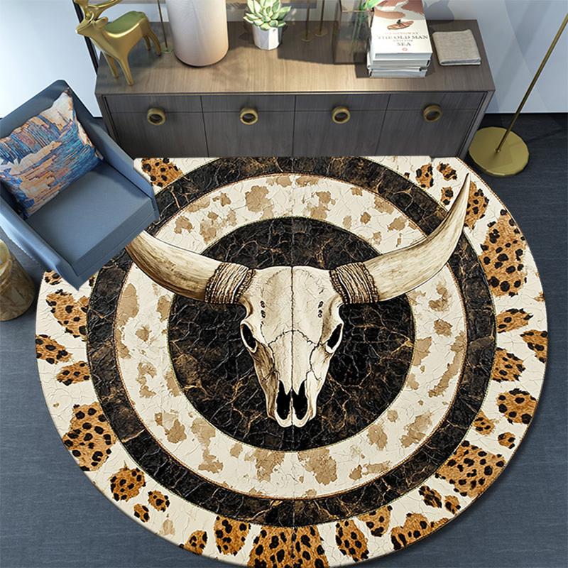 Leopard Print Bull Skull Round Area Rug,Carpet Rug for Living Room Bedroom Sofa Playroom Decor,Non-slip Floor Mat