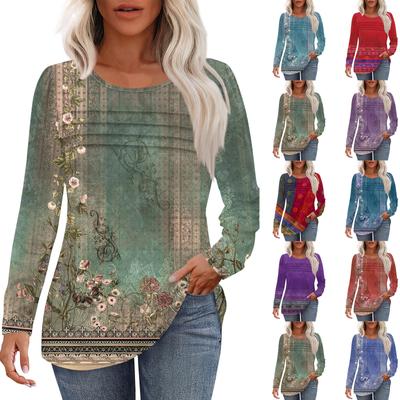 Women's Loose Casual  Print Round Neck Pleated Long Sleeved Top Fashionable Top Top