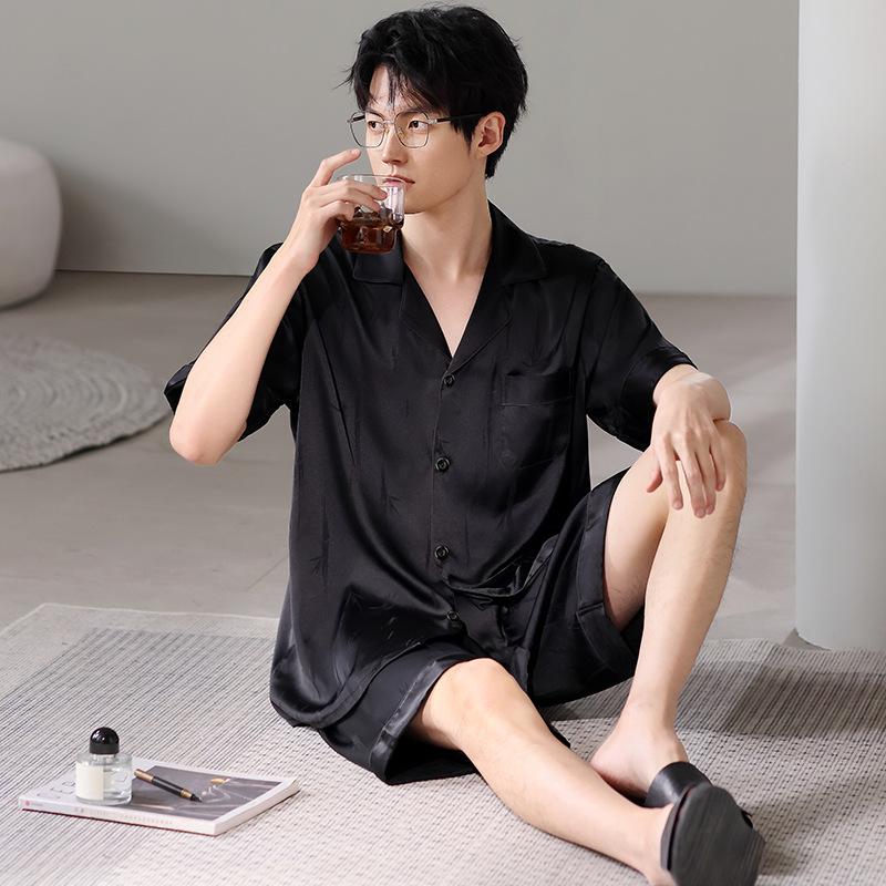 Men's ice silk pajamas short-sleeved shorts summer thin simple cardigan high-end simulation silk loungewear set