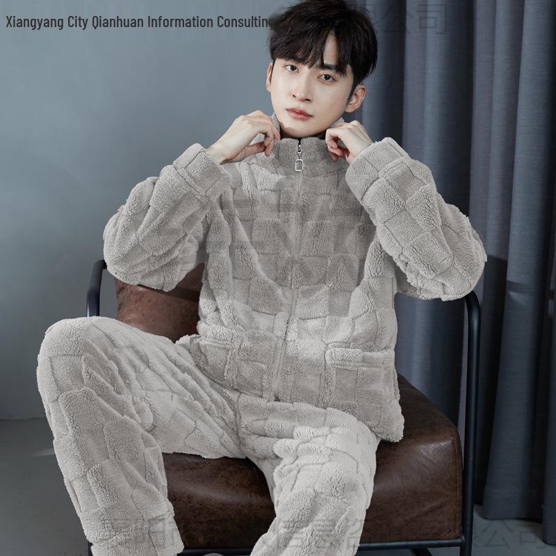 Men's Thickened Coral Fleece Long-Sleeve Flannel Pajama Set for Autumn and Winter - Wearable Outdoors