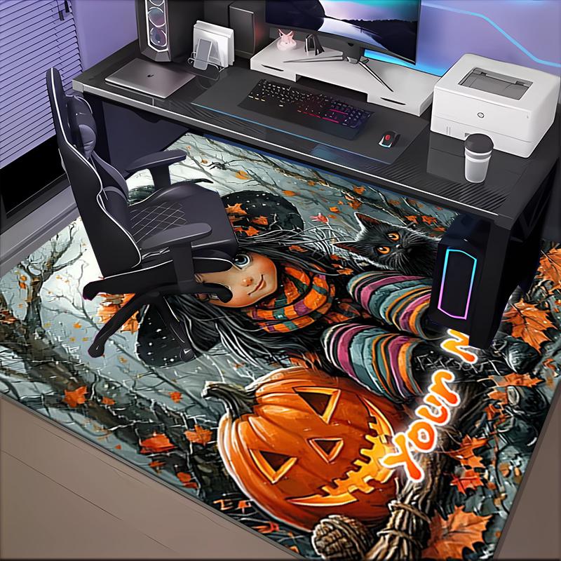1PC Custom Name Halloween Witch And Cat Theme Floor Mat Ideal for Living Room, Game Rooms, Office, Bedroom,Floor Mat Playful Design
