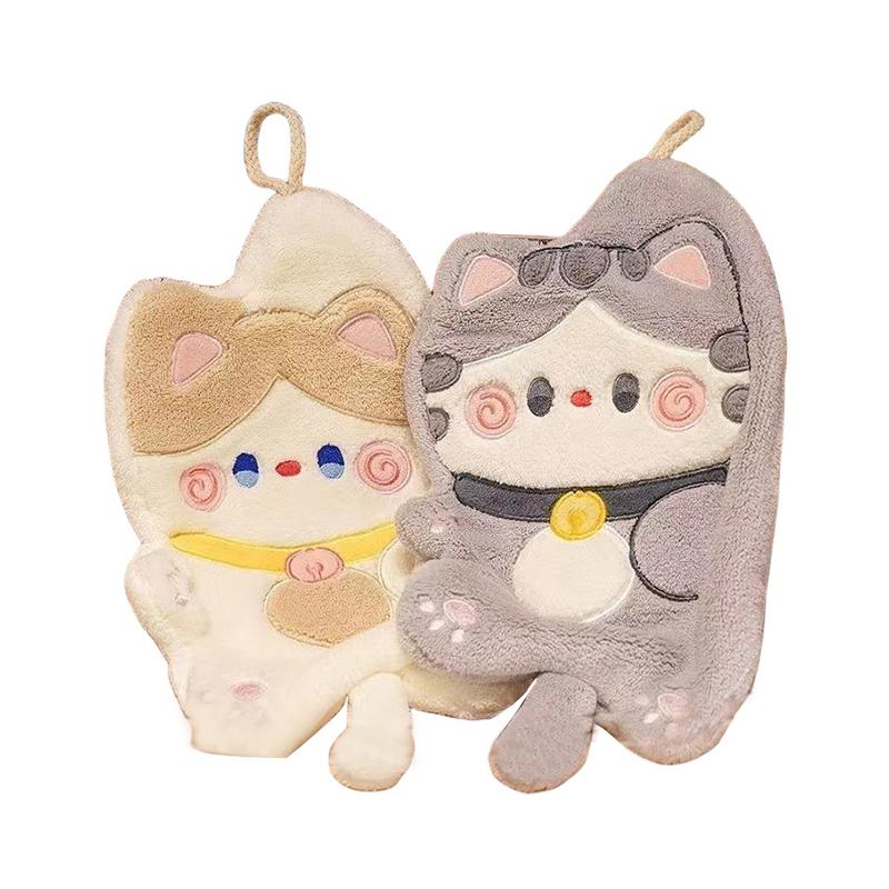 Cute Cat Hand Towels Quick Drying Kitchen Cleaning Rag Coral Velvet Cartoon Animal Absorbent Hanging Bathroom Towel Supplies