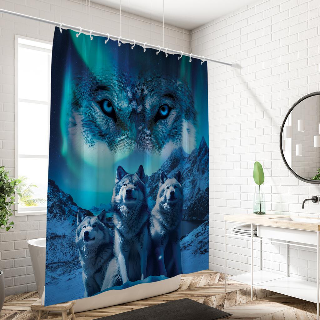 1Pc Glacier Wolf Print Waterproof Shower Curtain Bathe Partition Privacy Hanging Curtain 12 Hooks Multi Size Machine Washable